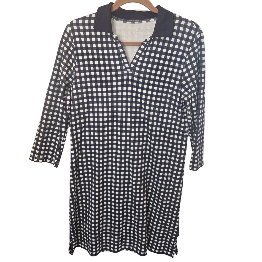 Lands' End Polo Gingham Dress Navy Blue White 3/4 Sleeve Collar Preppy M (10-12)
